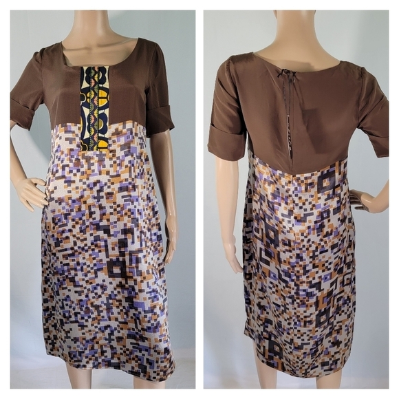 NEW Whitley Womens Cocoa/Purple Mixed Prints Sateen Square Neck Shift Dress Sz S - Picture 1 of 10
